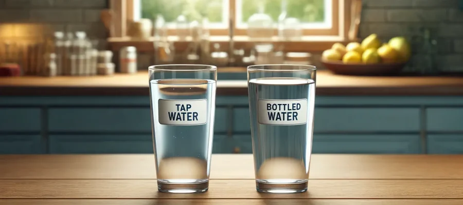 DALL·E 2024-04-25 12.50.06 - Two transparent glasses filled with water on a wooden table, one labeled 'Tap Water' and the other labeled 'Bottled Water'. The setting suggests a hom (1)